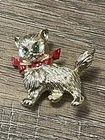 Vintage Cat Jewelry Brooch Pin Rhinestone Green Eyes Red Bow Costume Gold Tone