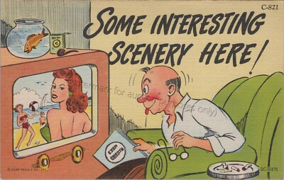 Vintage unused Comic Postcard: man gawking at TV ''Some Interesting Scenery Here''
