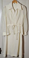 VTG 70's Diane Young 2-pc. Dress Jacket Women’s Size 10 Ivory Mesh A-Line Career