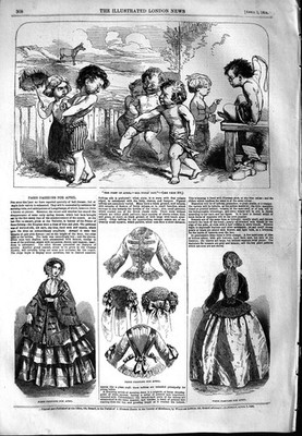 Alter antiker Druck 1854 Kinder Aprilscherz Paris Damenmode Kleider 19.