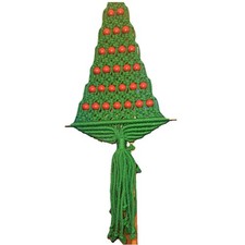 Vtg Macrame Christmas Tree Wall Hanging Kitsch MCM Green Decor Red Beads 34  
