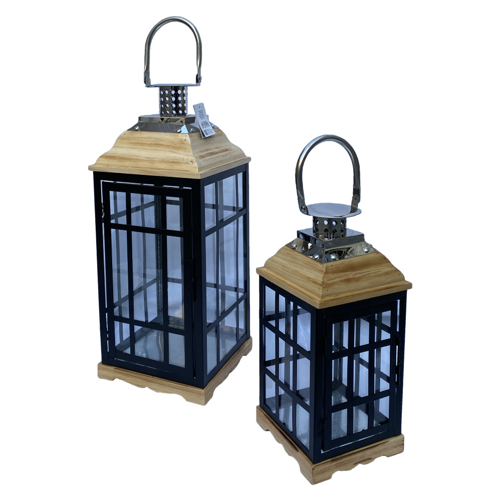SET 2 LANTERNE PORTACANDELE IN FERRO E LEGNO PER ESTERNO - 65195