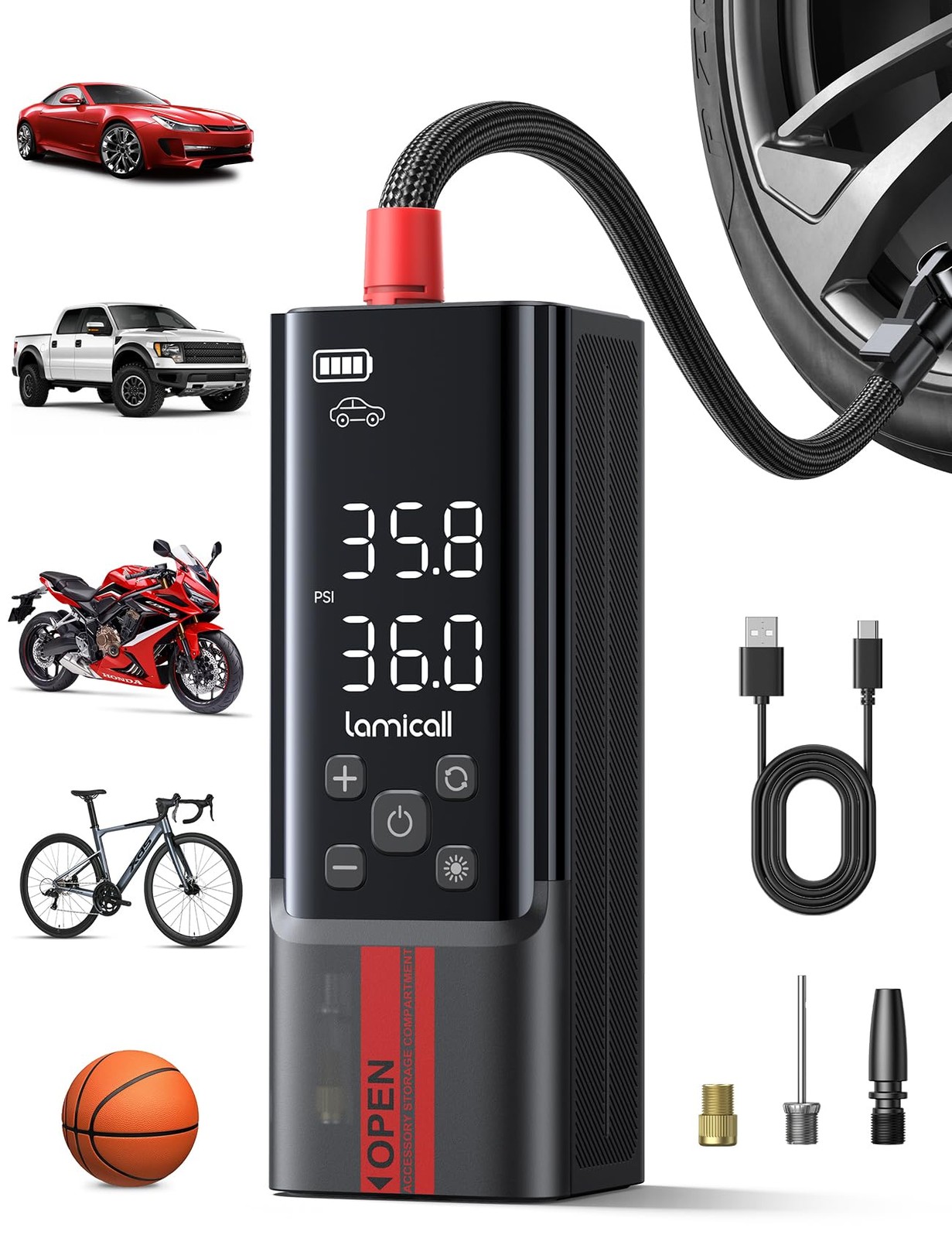 Gonfleur pneu voiture sans fil pour voyage camping et vélo