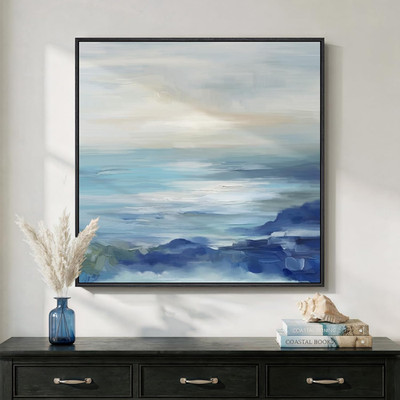 Framed Blue Abstract Seascape Canvas Art for Home, 24x24 Inch