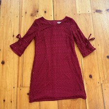 DressBarn Red Lace Dress Petite 14 Bell Sleeve Tie Crochet Sheath