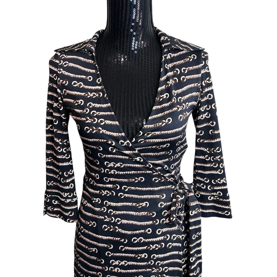 Vestido envolvente G2U Diane von Furstenberg talla 2 negro Justin cadena eslabón seda DVF Foto 2 de 4