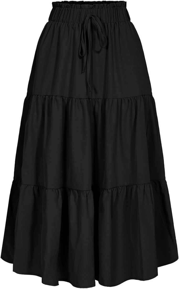 Women's Midi Skirt High Elastic Waist A Line Flowy Ruffle Floral Summer Casual