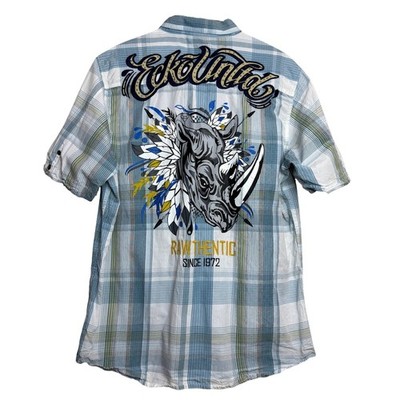 y2k Ecko Unltd Mens XL Blue Plaid Streetwear Skater Button Shirt Rhino Graphic