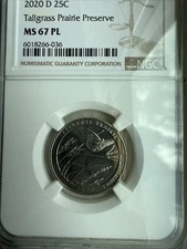 2020 D 25c TALLGRASS PRAIRIE PRESERVE Quarter MS67 PL  NGC