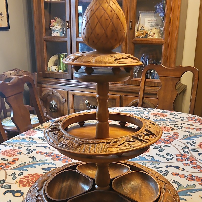 Hand Carved Monkey Pod 3 tier Lazy Susan Hawaiian Decor Serving Centerpiece