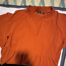 SHEIN Orange Smocked Ruffle V-Neck Midi Fit & Flare Dress Stretch Long Sleeve S