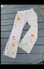 Anthropologie pants 2003 Floral embroidered Odille khaki 6 Flare Leg Y2K Vtg.