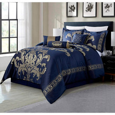 Navy Blue Gold Floral Damask 7 pc Comforter Set California King Size Bedding
