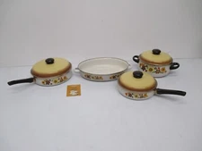 Vtg c1970s Crowning Touch Porcelain Enamel Cookware 7 Piece Set Harvest Blossom