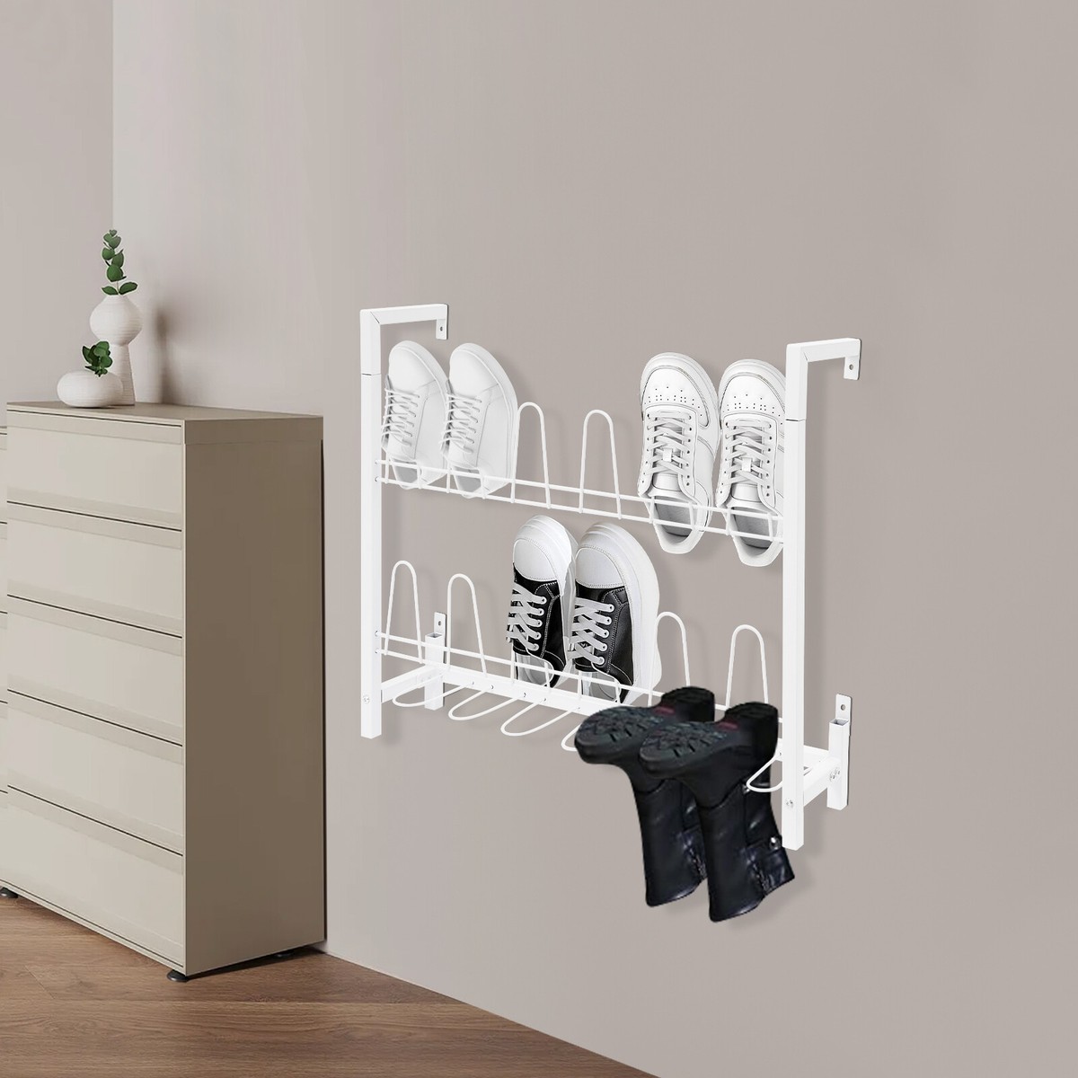 Tier Wall Mounted Shoe Rack, White Metal Wire Boot Rack Hanging