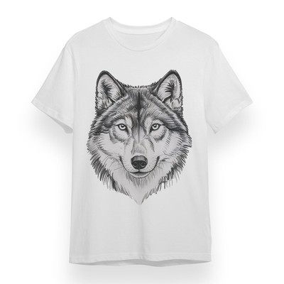 Men's T-shirt With Black Wolf Head Art Graphic Unisex White 100% Cotton Tee USA