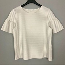 Anthropologie Eri + Ali Frill Top Women?s Size XL Ivory Stripe Ruffled Sleeves