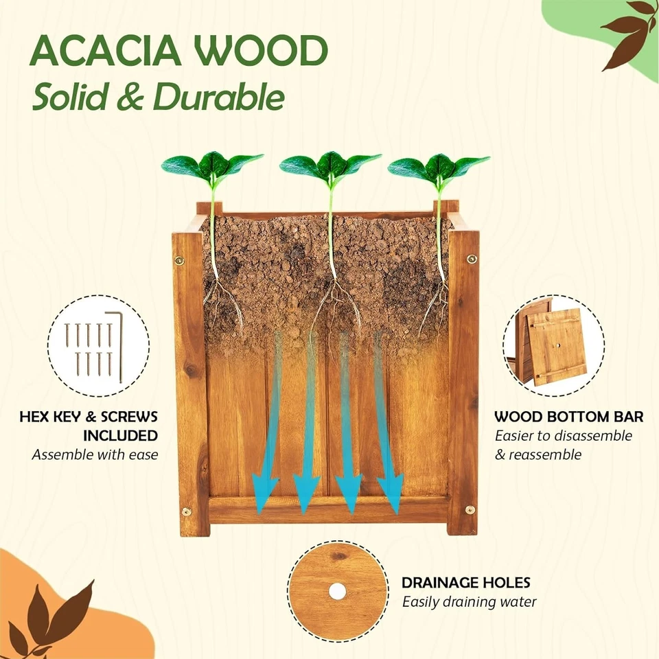 Cubo de flores para exteriores de madera dura de acacia duradera varios tamaños marrón Foto 4 de 4