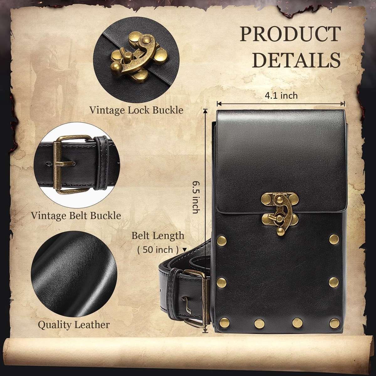 Renaissance Belt Pouch Waist Bag Fanny Pack, Steampunk Phone Holder Medieval Lea Medieval Belt Pouch for Pirate Costume Women Ren Faire Phone  main image 4