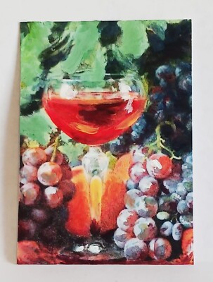 Grapes and Wine ACEO Original Still Life hand PAINTING by Leslie Popp