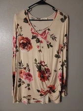 BE Stage Beige Floral Long Sleeve V Neck Blouse Size S Runch side
