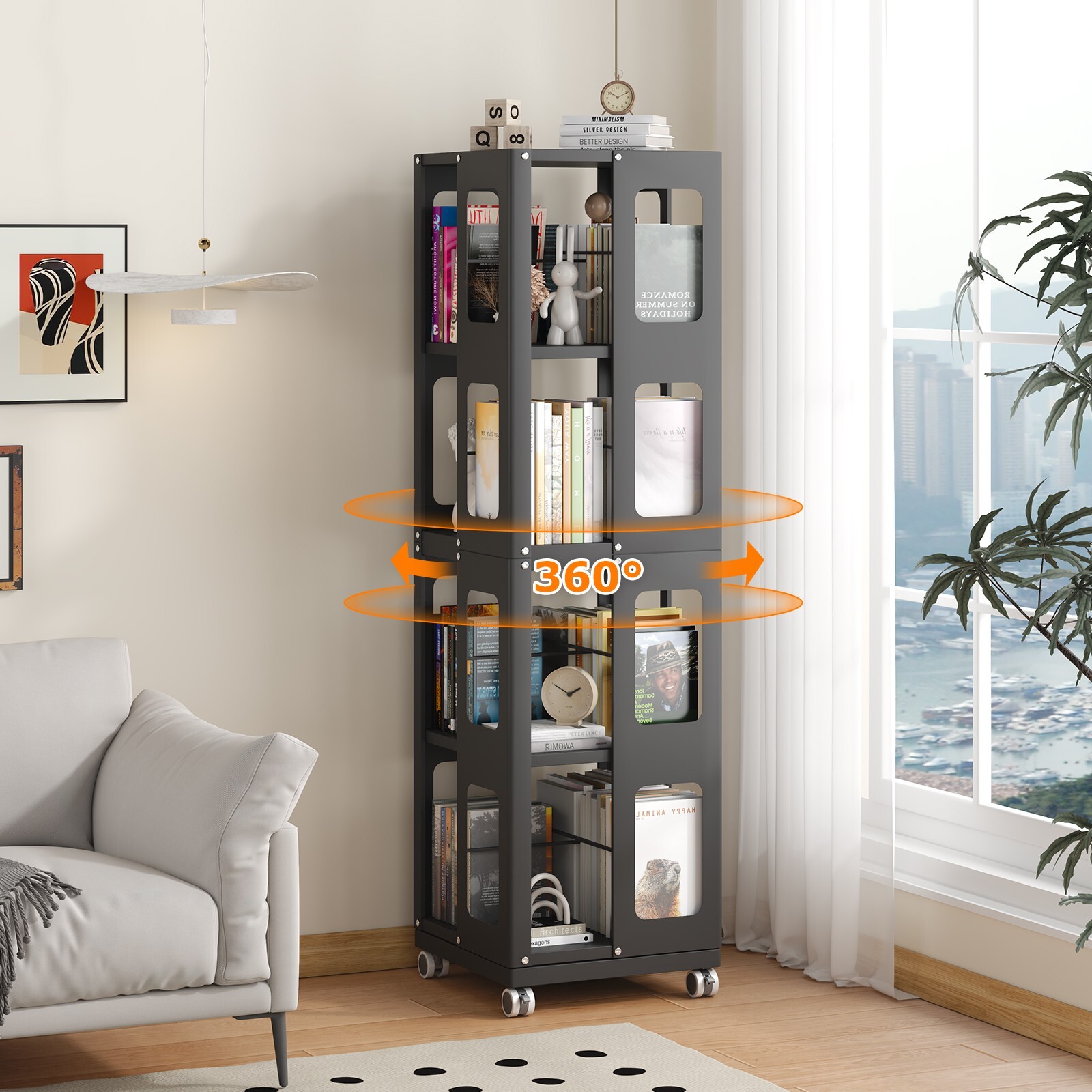 4-Tier All-Steel Rotating Bookshelf with 360&deg; Wheels, Large