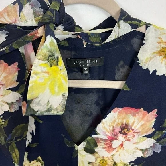 LAFAYETTE 148 Floral 100% Seda Hasta la Rodilla Vestido Vaina Cuello Corbata Talla XS Foto 4 de 4