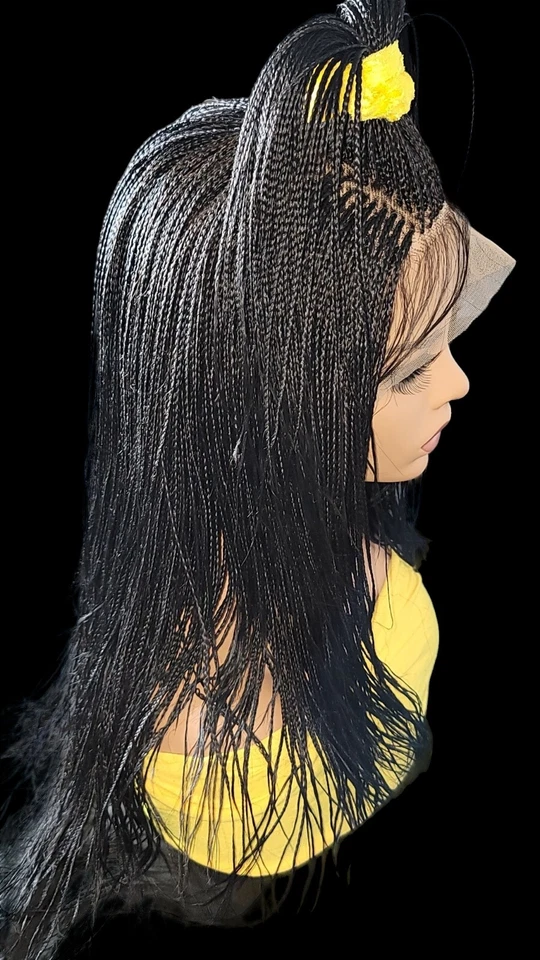 Peluca trenzada a mano de encaje completo color # 1 negro azabache micro millón trenzas - peluca larga  Foto 3 de 4