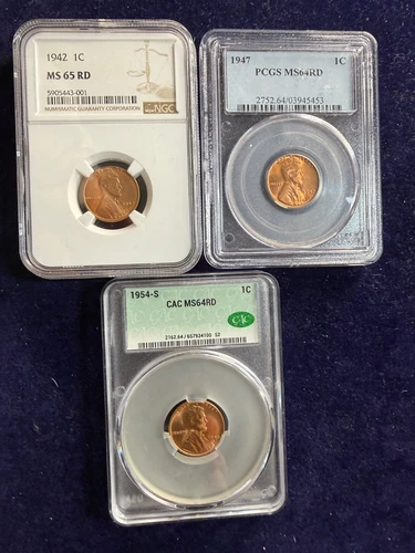 Lot of 3 High Grade 1C RD Lincoln Cents 1942 MS65, 1947 MS64, 1954-S MS64
