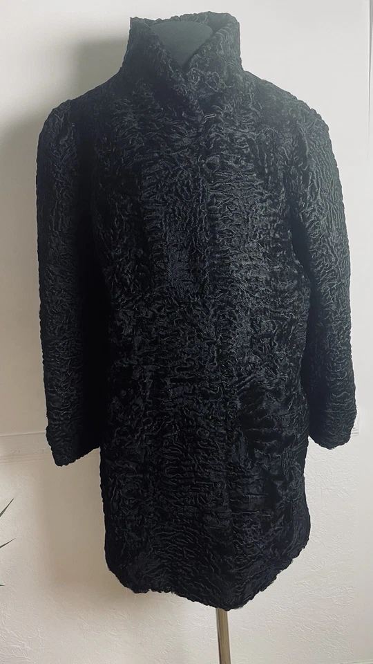 Abrigo de piel de oveja vintage para mujer negro rizado abrigo de cordero persa M\L Suiza Foto 3 de 4