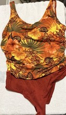 Beach Cabana Woman 2X Plus One Piece Swimsuit Brown Tropical Floral Built-In Bra