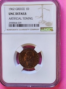 1962 Greece 1 Drachma Coin NGC Rated Artificial toning
