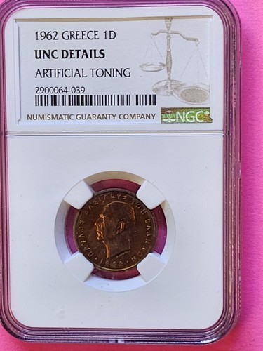 1962 Greece 1 Drachma Coin NGC Rated Artificial toning