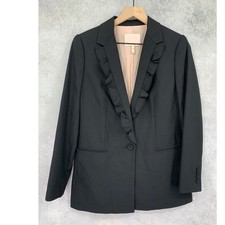 Rebecca Taylor Blazer Womens 4 Black Ruffle Trim Wool Blend Professional Career
