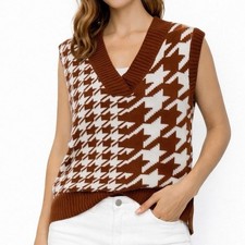 Women's Houndstooth Sweater Vest Sz S Old Money Career Fall Oversized Boho Indie