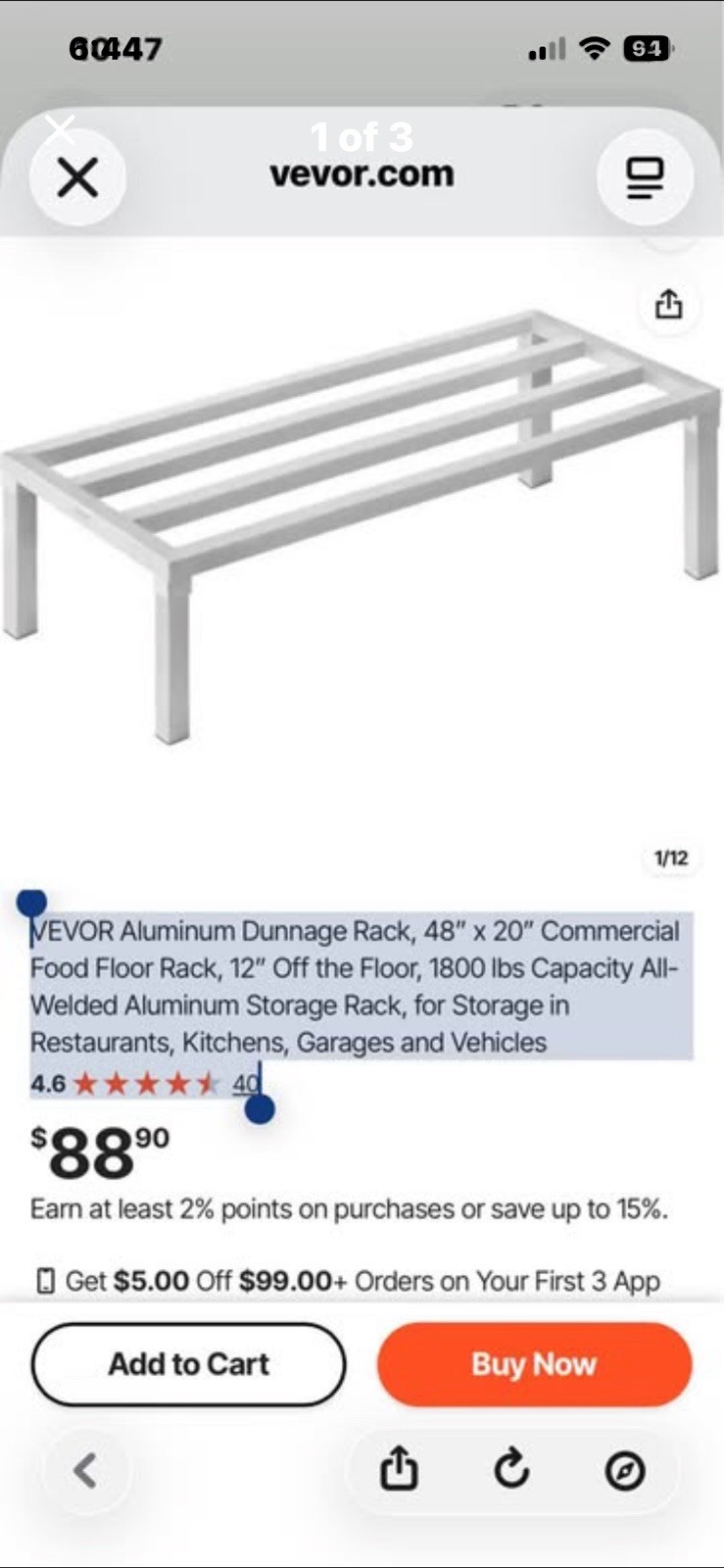 VEVOR Aluminum Commercial Food Rack 48 x 20 x 12 in, 1800 lb Capacity