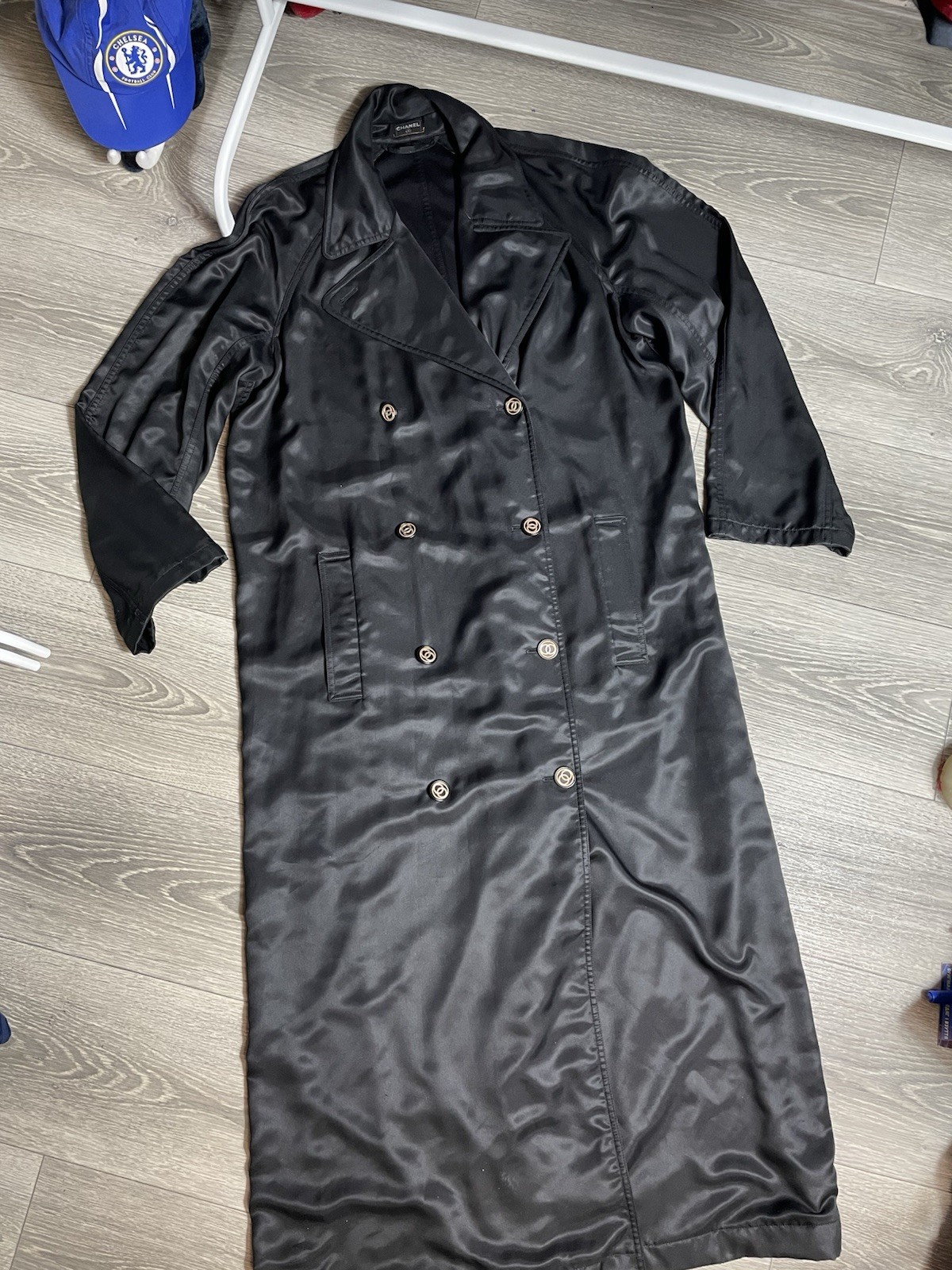 Authentic Chanel Vintage Trench Coat Black Polyester Women’s Size L/XL Luxury
