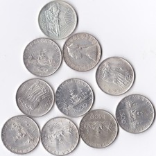 Italia 10 monete da 500 Lire argento Caravelle-Centenario- Dante FDC da rotolino