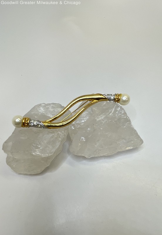 Vintage Avon Gold Tone Faux Pearl Rhinestone Twisted Bar Brooch 13.6g