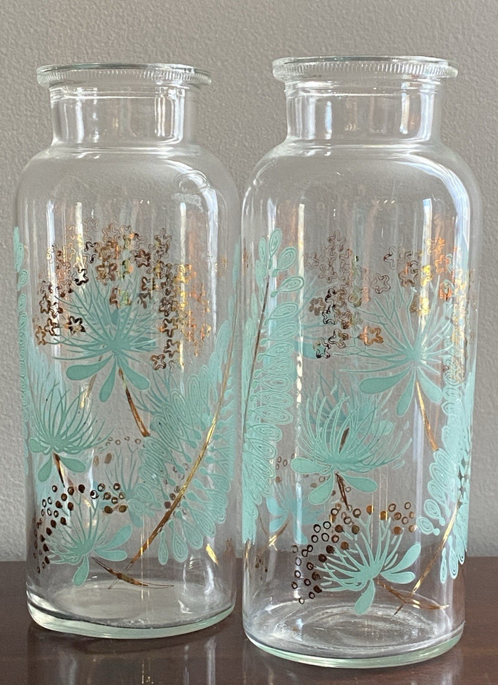 Aqua & Gold MCM Vintage Fern Apothecary Jar Bottle Vase Mid Century Modern Set