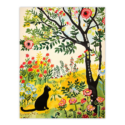Cat Under Tree in Wildflowers Folk Art Painting Wall Art Poster Print
