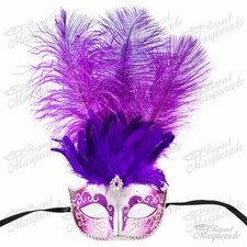 Purple/Silver Venetian Feather Mask with Ostrich Feather - Masquerade Mask