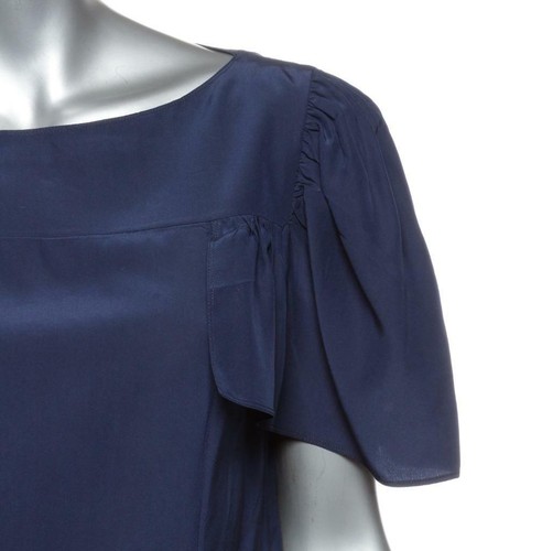 YVES SAINT LAURENT Womens Navy Blue Silk Short Sleeve Cape Blouse Top FR40 US8 M - Picture 2 of 5