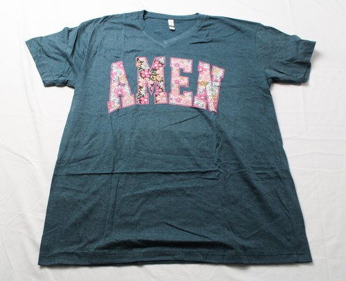 Love in Faith Women's S/S Amen V Neck Tee EJ3 Heather Atlantic Large NWT