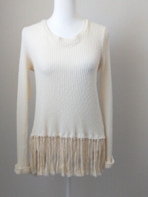 Anthropologie Eri+ Ali Cream Fringe Open Cross Back Ribbed Sweater XS Boho