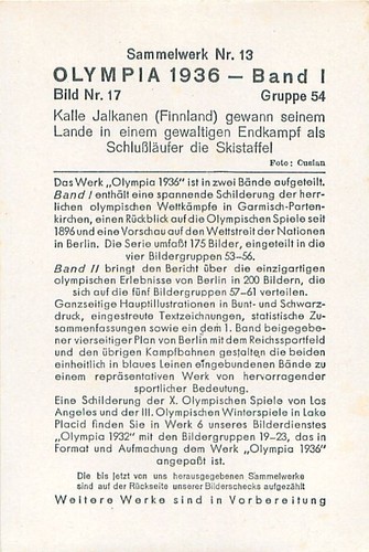 KALLE JALKANEN CROSS-COUNTRY SKIING GARMISCH-PARTENKIRCHEN 1936 IMAGE CARD - Picture 2 of 2