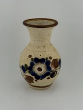 Mexican Tonala Folk Art Pottery Sandstone Vase Hand-Painted Blue Flower 5.5 in