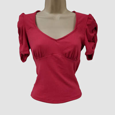 YMI Collections Women Juniors Pink Puff-Sleeve V-Neck Blouse Top Size S