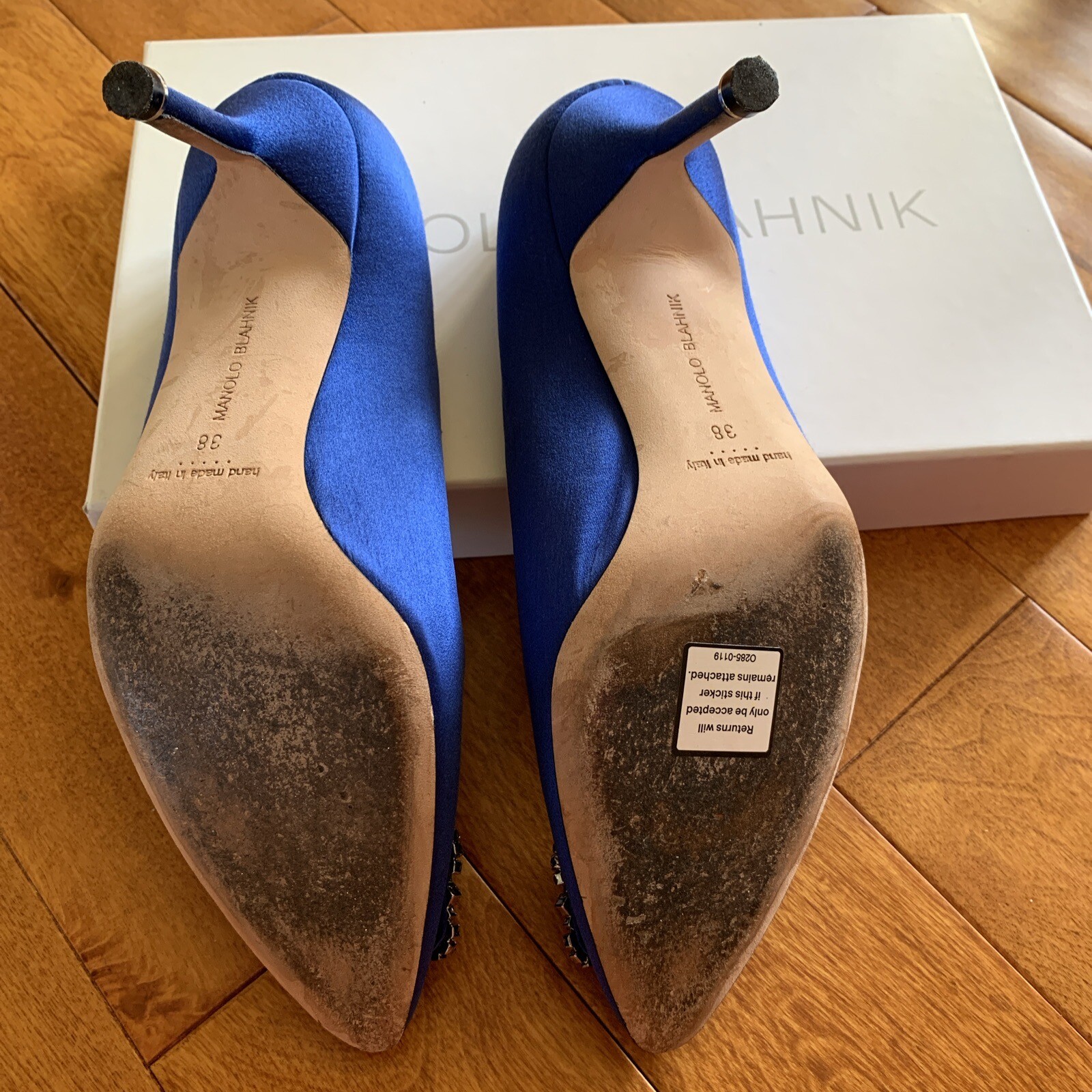 Manolo Blahnik M 38 7.5-8 Hangisi Blue Satin Ruthenium 70mm Pump Box Crystal US image 6