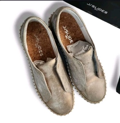J Slides Slip On Sneaker Size 6 New Kayla Leather Cork Metallic Tab Whipstitch